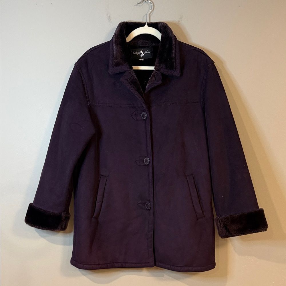 Vintage‎ Baby Phat dark purple button-up teddy coat with fluffy wrist cuffs